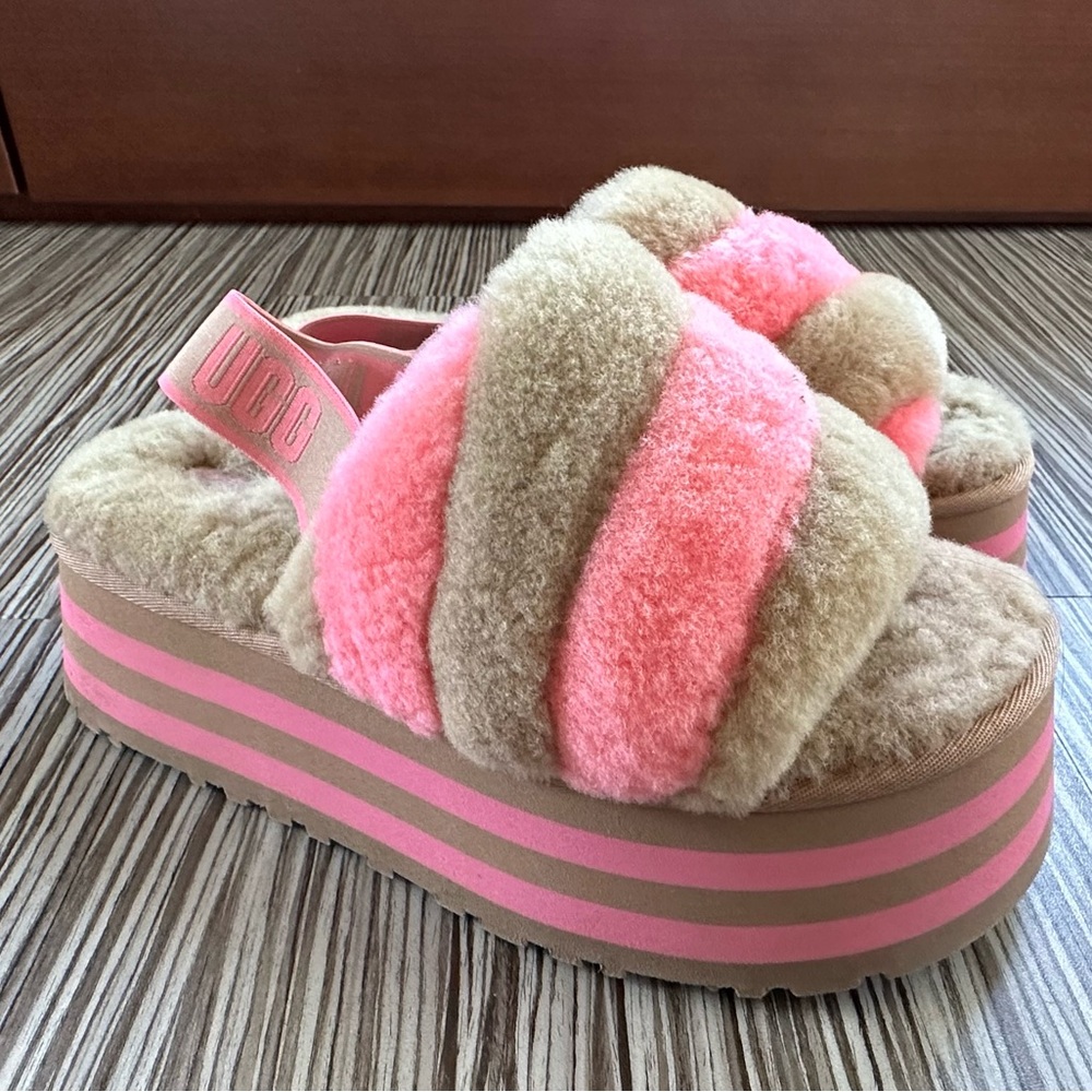 New UGG Disco Stripe Slide Chestnut Pink Rose Platform Slippers Sz. 9